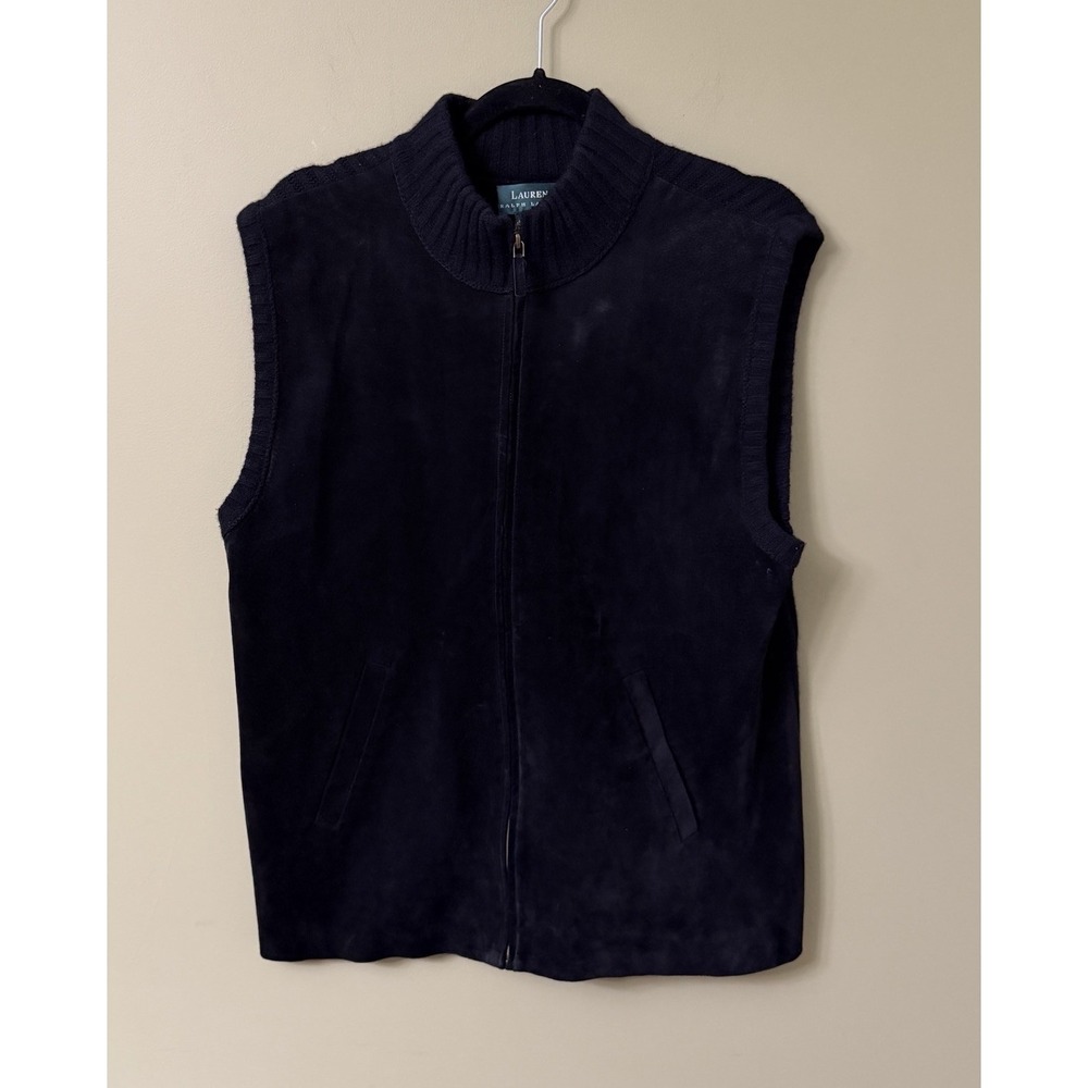 Lauren Ralph Lauren Vest Womens XL Black Leather Cashmere Wool Pockets Angora